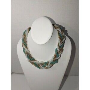 Braided Sea green White Silver And Gold Tone Braided Necklace 16"